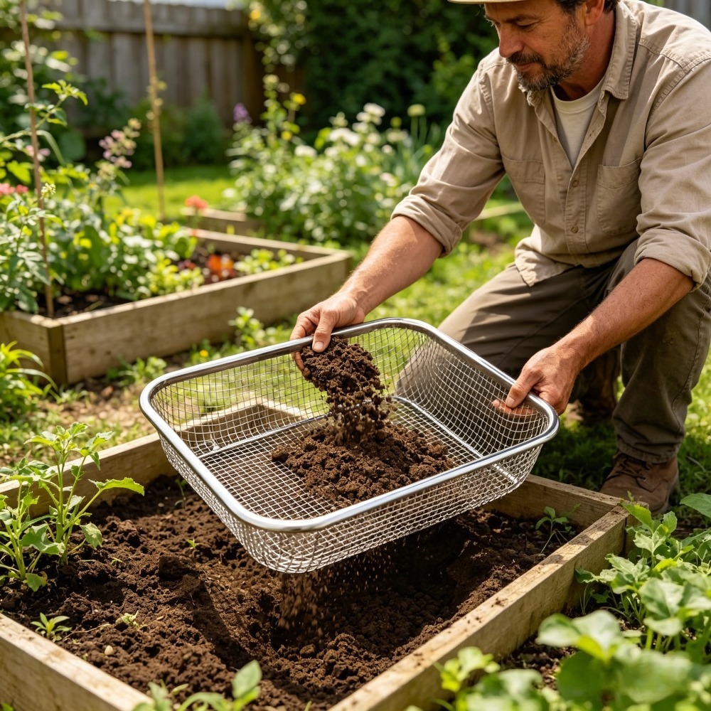 Garden Sieve Soil - ステンレス鋼の園芸用土壌ふるいは頑丈で耐久性があり、家庭園芸や多肉植物の管理に非常に適しています。