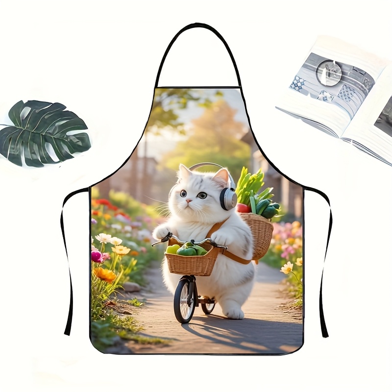 Gardening Tools Women - 愛らしい太った猫の自転車柄のキッチンエプロン 1枚 - 男性と女性、庭や屋外での使用に最適