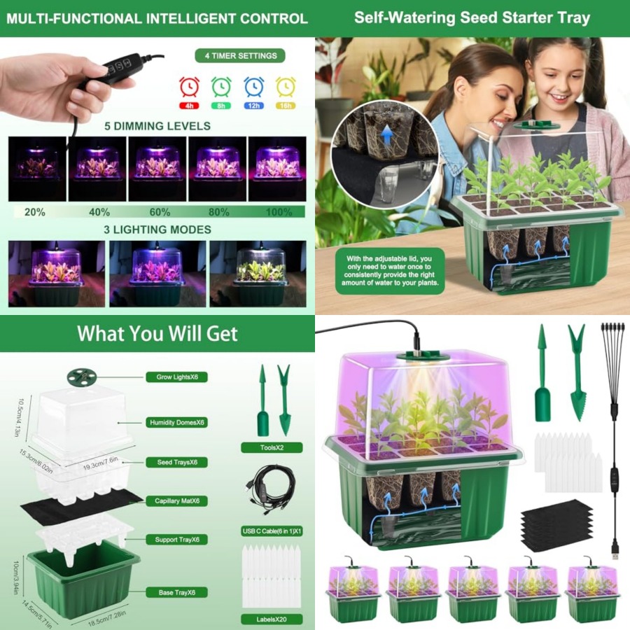 Greenhouse Mini Indoor - ライト付き種まきトレイ、6パック植物育成トレイ、湿度ドーム付き苗スターターキット、屋内ミニ温室