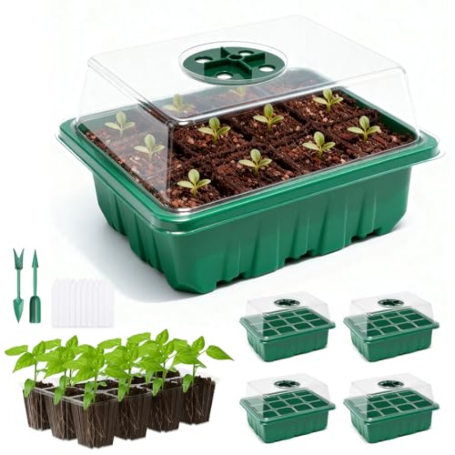Greenhouse Mini Indoor - 5パックの種子スタータートレイ（湿度ドーム付き）、透明な排水穴付きベースの種子スターターキット、屋内温室ミニ繁殖器