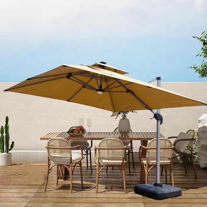 Gardening Tools Big - 大型片持ち式パラソル 3×3m カスタムロゴ入り パティオ/ポーチ/裏庭/庭園用 アルミ製傘 LEDライトとモバイルバッテリー付き
